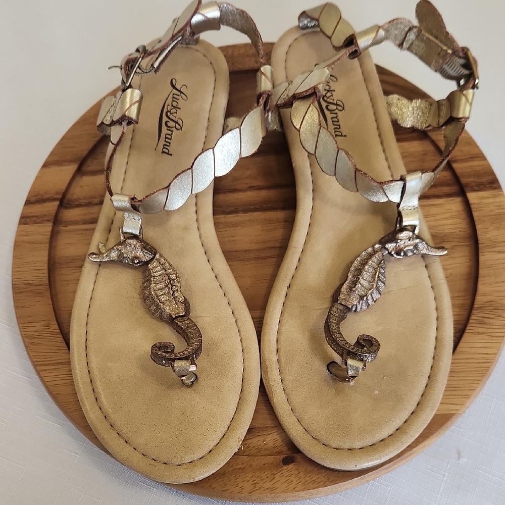 Lucky Brand Gold Tan Sandals with Metallic Embellishments